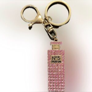 NWT Gold and Pink Rhinestone No 5 Parfum Bag Charm / Keychain Accessory